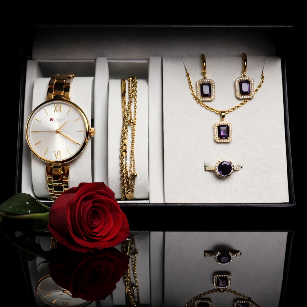 Σετ γυναικείο ρολόι-βραχιόλι-κολιέ-δαχτυλίδι-σκουλαρίκια