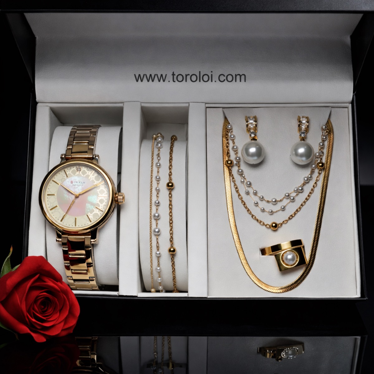 Σετ γυναικείο ρολόι- τριπλή σειρά βραχιόλι-τριπλή σειρά κολιέ-δαχτυλίδι-σκουλαρίκια