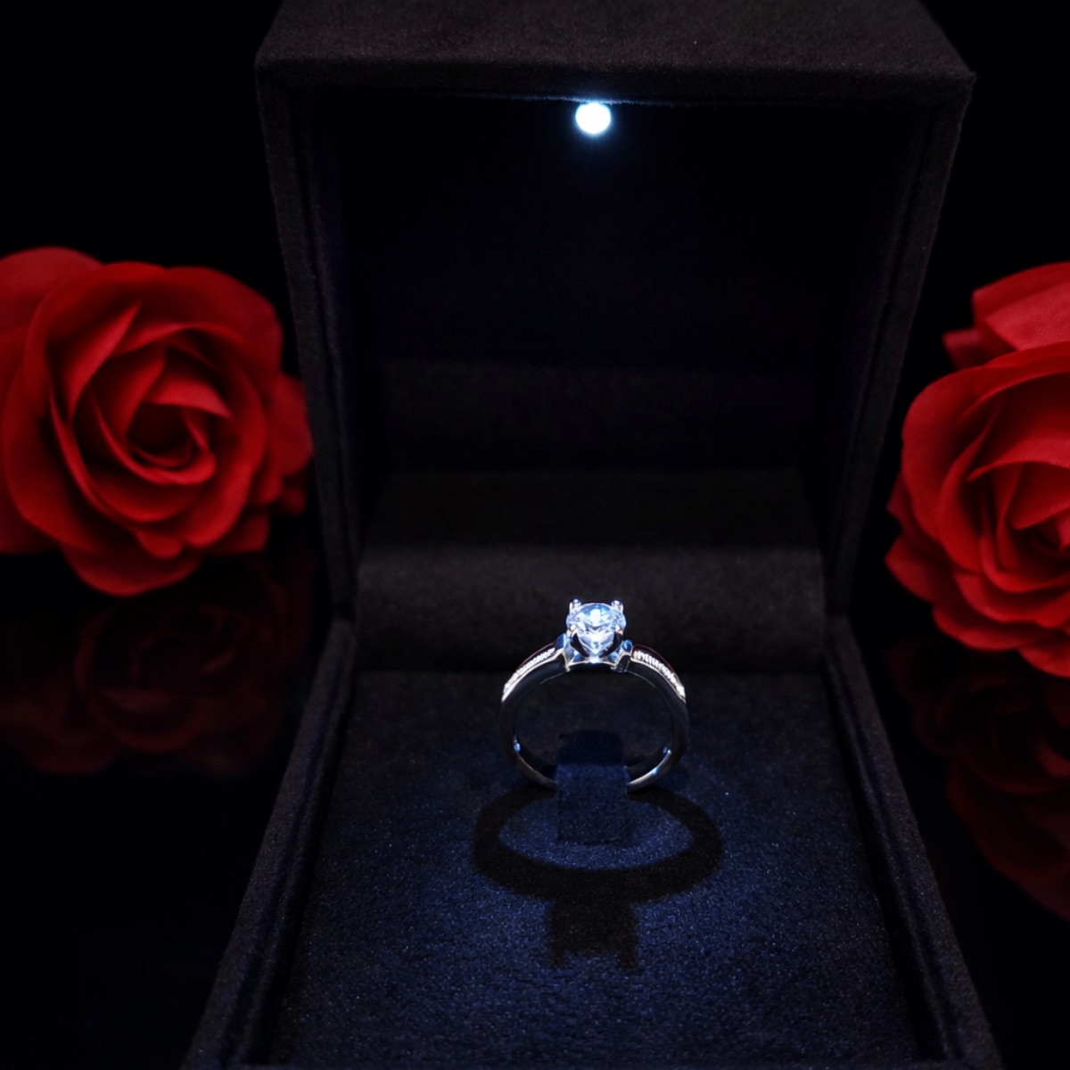 Δαχτυλίδι μονόπετρο από ασήμι 925 και πέτρες ζιργκόν σε κουτάκι με φώς LED