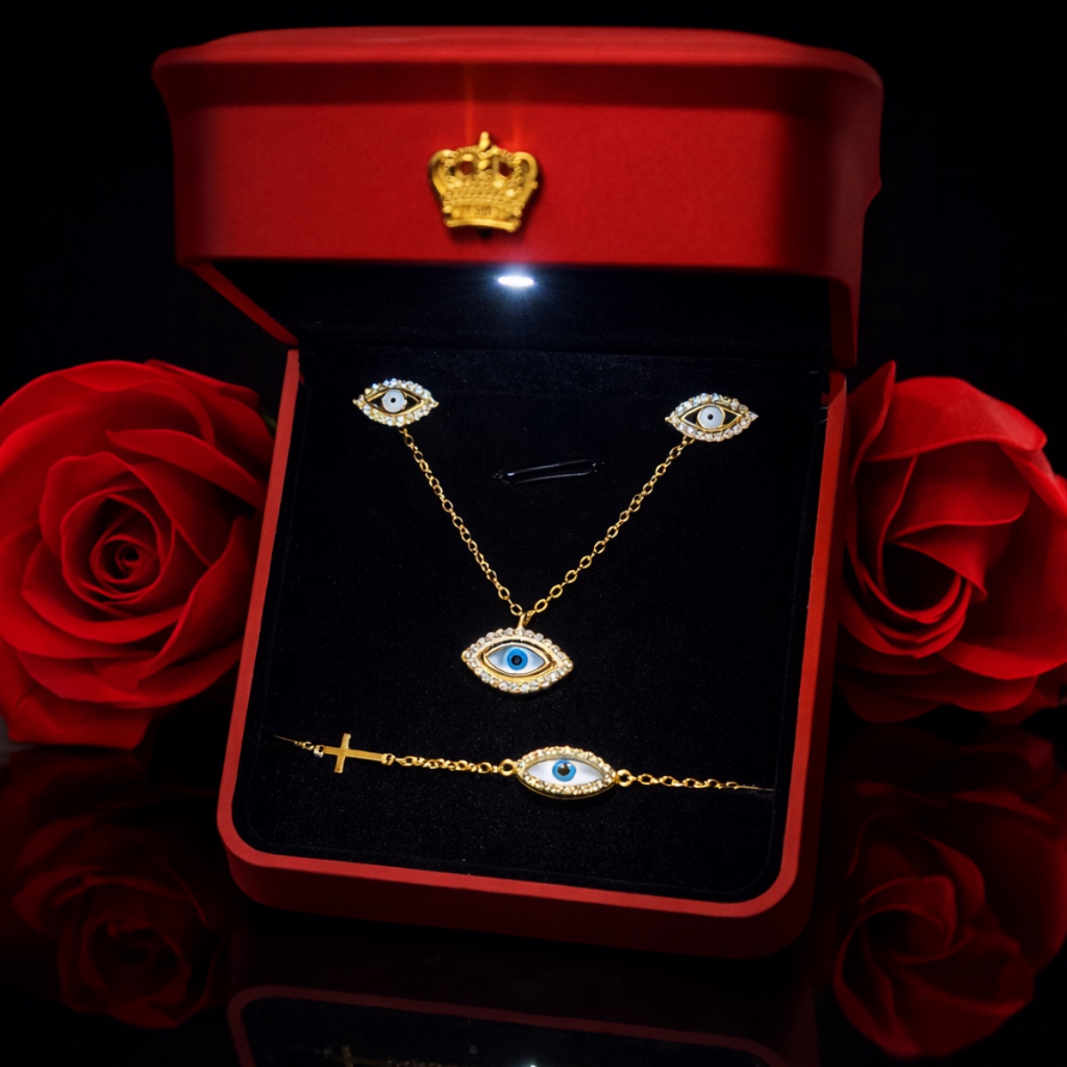 Γυναικείο σετ  κολιέ από ασήμι 925 και βραχιόλι απο ασήμι 925 και σκουραρίκια 925 σε κουτάκι με φως LED