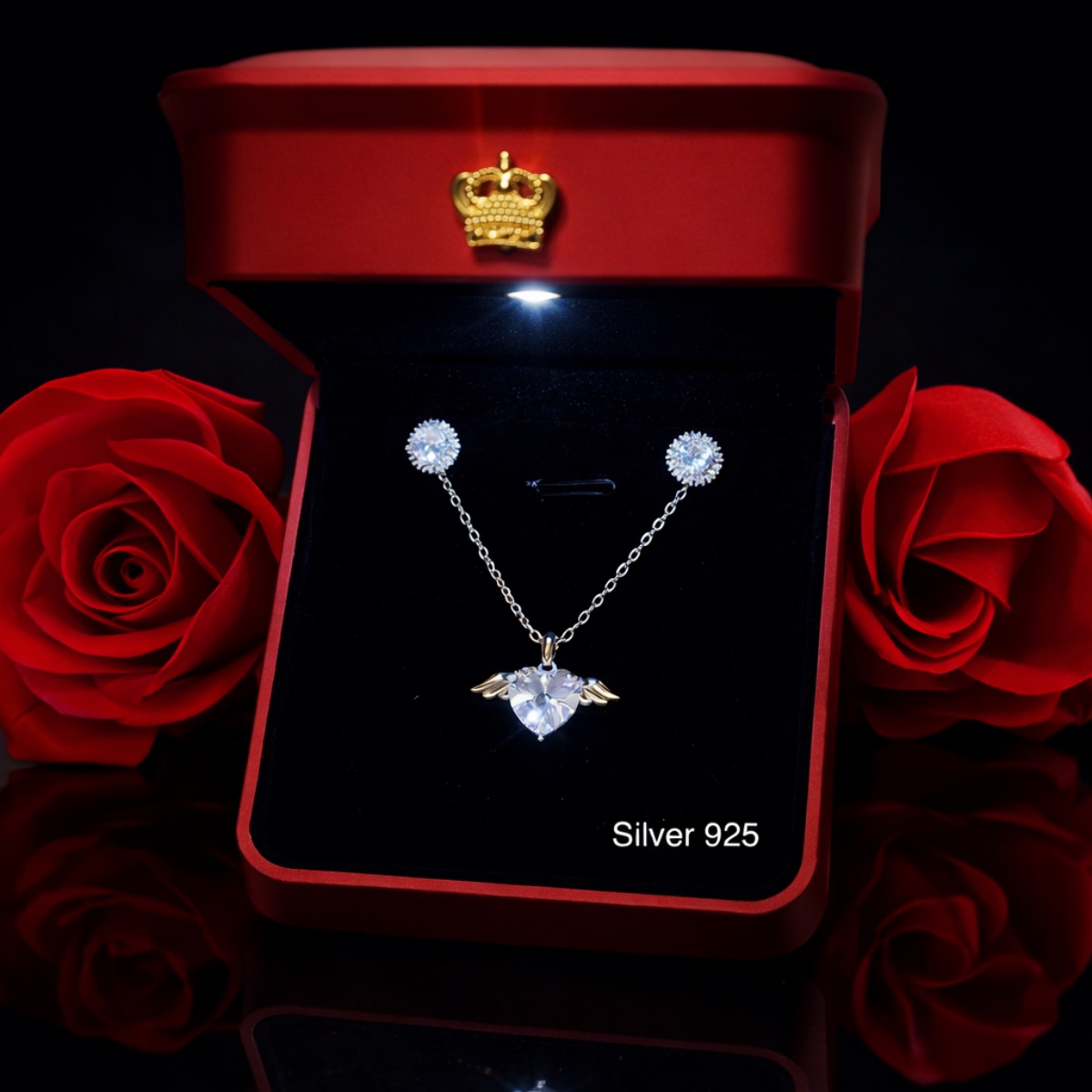 Γυναικείο σετ  κολιέ από ασήμι 925  και σκουραρίκια 925 σε κουτάκι με φως LED