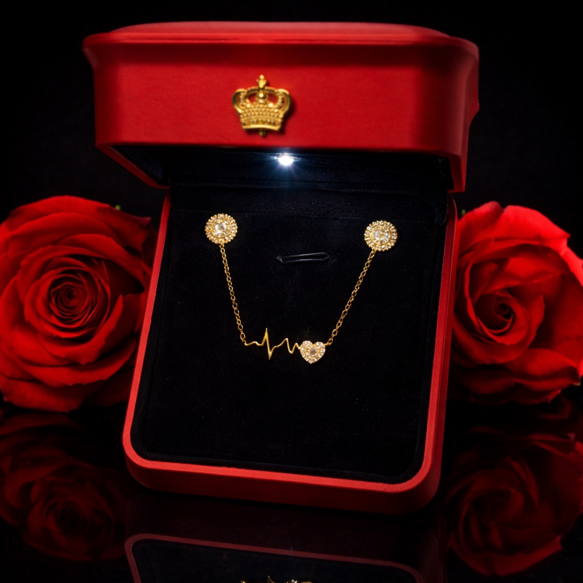 Γυναικείο σετ  κολιέ από  επιχρυσωμένο ασήμι 925  και σκουραρίκια 925 σε κουτάκι με φως LED