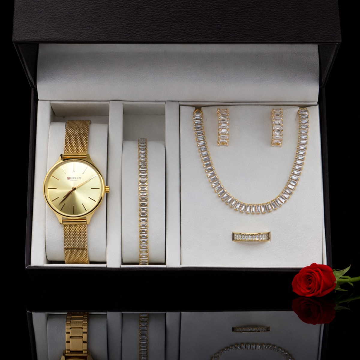 Σετ ριβιέρα γυναικείο ρολόι-χειροπέδα-κολιέ-δαχτυλίδι-σκουλαρίκια