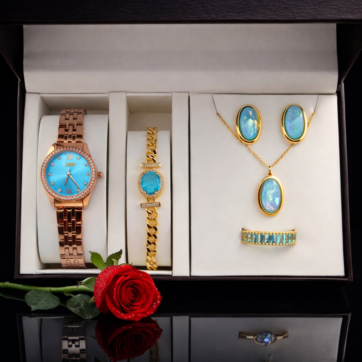 Σετ γυναικείο ρολόι- χειροπέδα-κολιέ-δαχτυλίδι-σκουλαρίκια