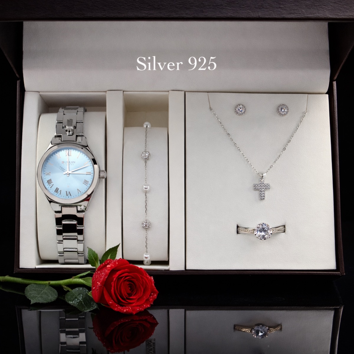 Σετ γυναικείο ρολόι-βραχιόλι-κολιέ-μονόπετρο-σκουλαρίκια από Ασήμι 925