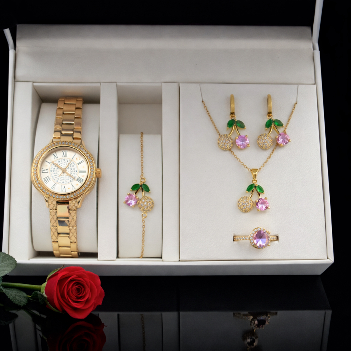 Σετ γυναικείο ( ρολόι - βραχιόλι-κολιέ-δαχτυλίδι ( one size ) -σκουλαρίκια )