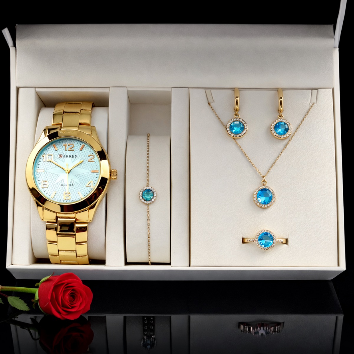 Σετ γυναικείο άκουα μαρίνα ( ρολόι- βραχιόλι-κολιέ-δαχτυλίδι ( one size ) -σκουλαρίκια )