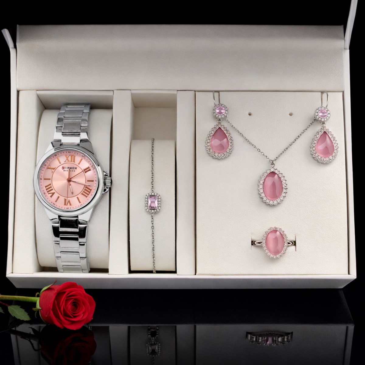 Σετ γυναικείο ρολόι- βραχιόλι-κολιέ-δαχτυλίδι ( one size )-σκουλαρίκια