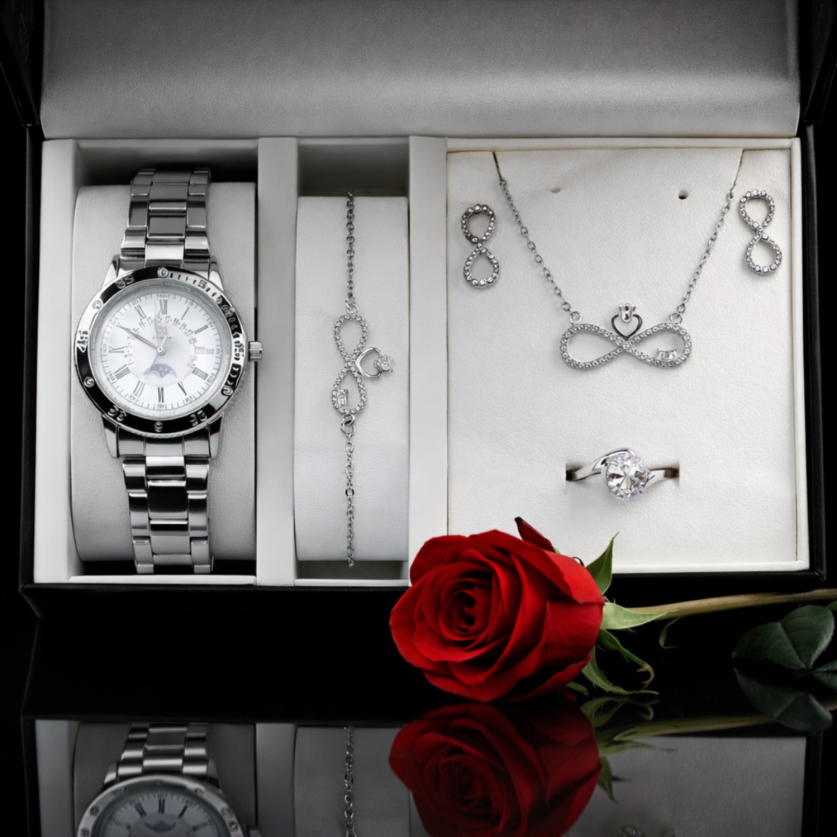 Σετ γυναικείο  ( ρολόι (αδιάβροχο) -βραχιόλι - κολιέ-δαχτυλίδι ( one size ) -σκουλαρίκια )