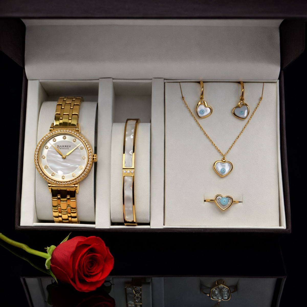 Σετ γυναικείο φίλντινσι  ρολόι -βραχιόλι-κολιέ-δαχτυλίδι-σκουλαρίκια