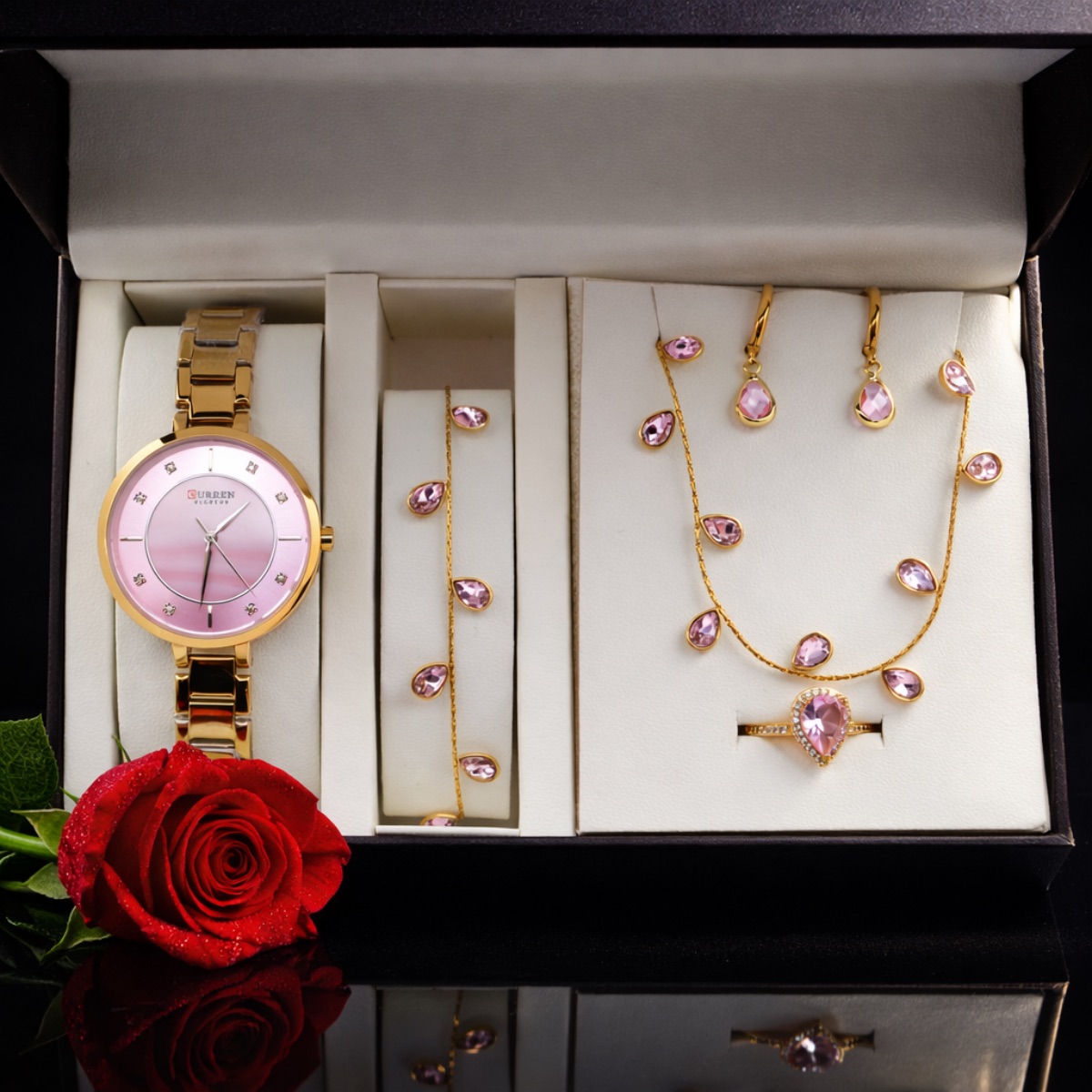 Σετ γυναικείο ( ρολόι- βραχιόλι-κολιέ-δαχτυλίδι ( one size ) -σκουλαρίκια )