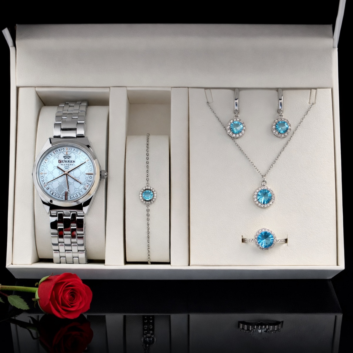 Σετ γυναικείο άκουα μαρίνα ( ρολόι- βραχιόλι-κολιέ-δαχτυλίδι ( one size ) -σκουλαρίκια )