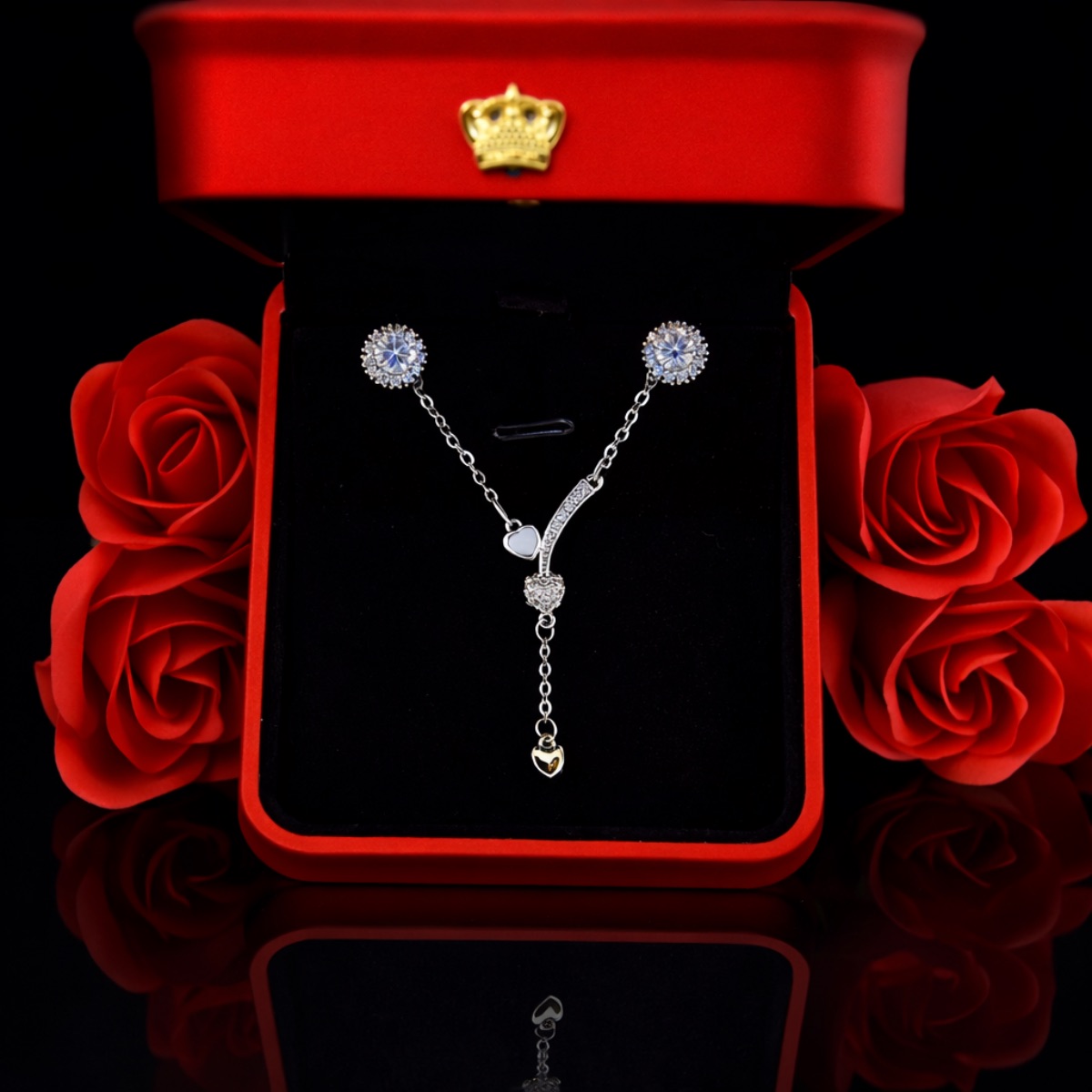 Γυναικείο σετ κολιέ ( ατσάλι ) και σκουλαρίκια ( silver 925 )  σε κουτάκι με φως LED