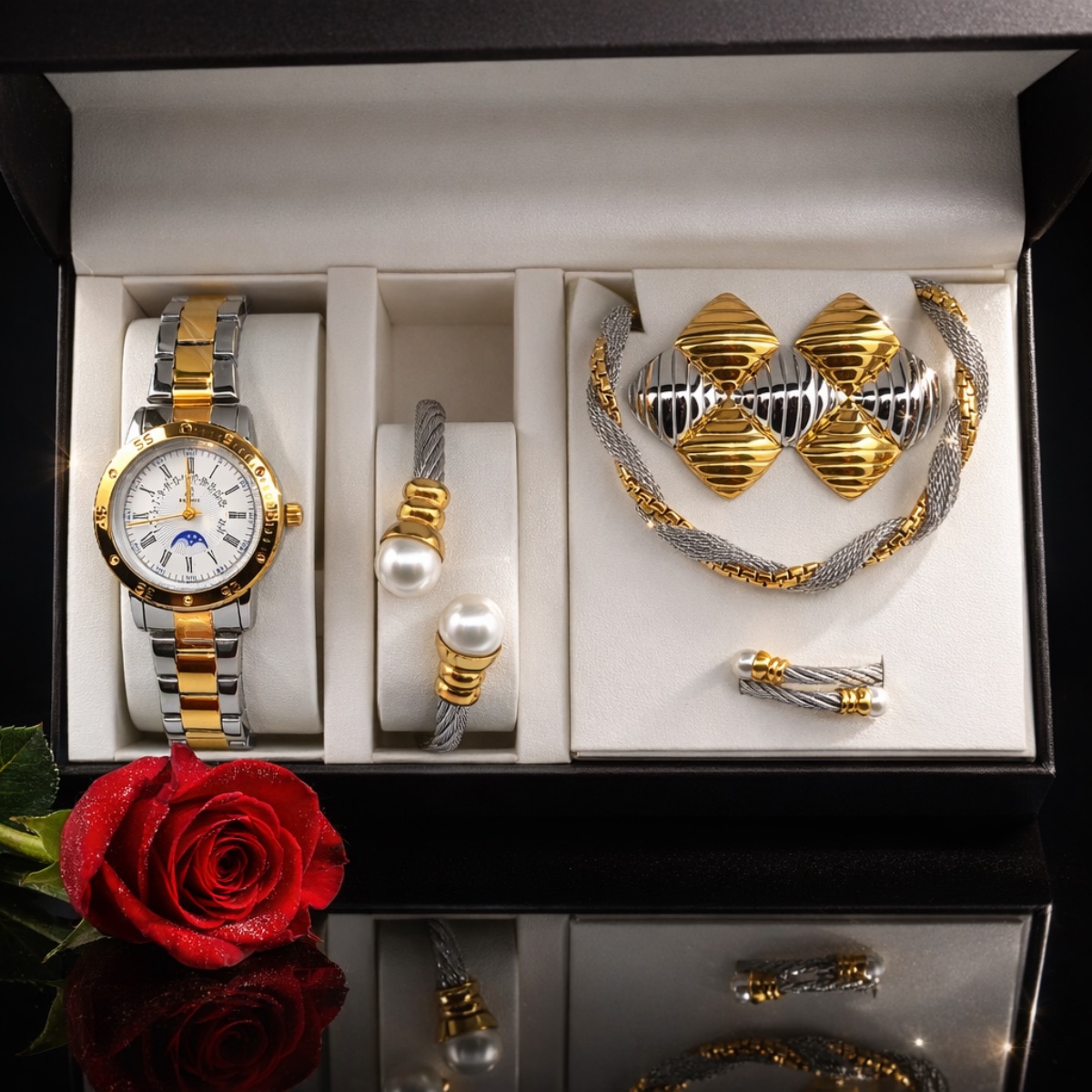 Σετ γυναικείο ρολόι (αδιάβροχο ) - χειροπέδα-κολιέ-δαχτυλίδι-σκουλαρίκια