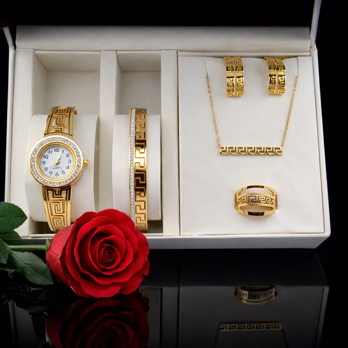 Σετ γυναικείο ( ρολόι - βραχιόλι-κολιέ-δαχτυλίδι ( one size ) -σκουλαρίκια )