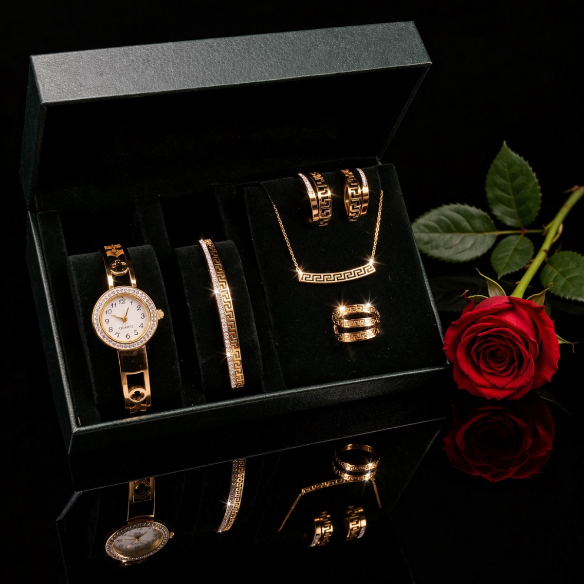 Σετ γυναικείο ( ρολόι - βραχιόλι-κολιέ-δαχτυλίδι ( one size ) -σκουλαρίκια )