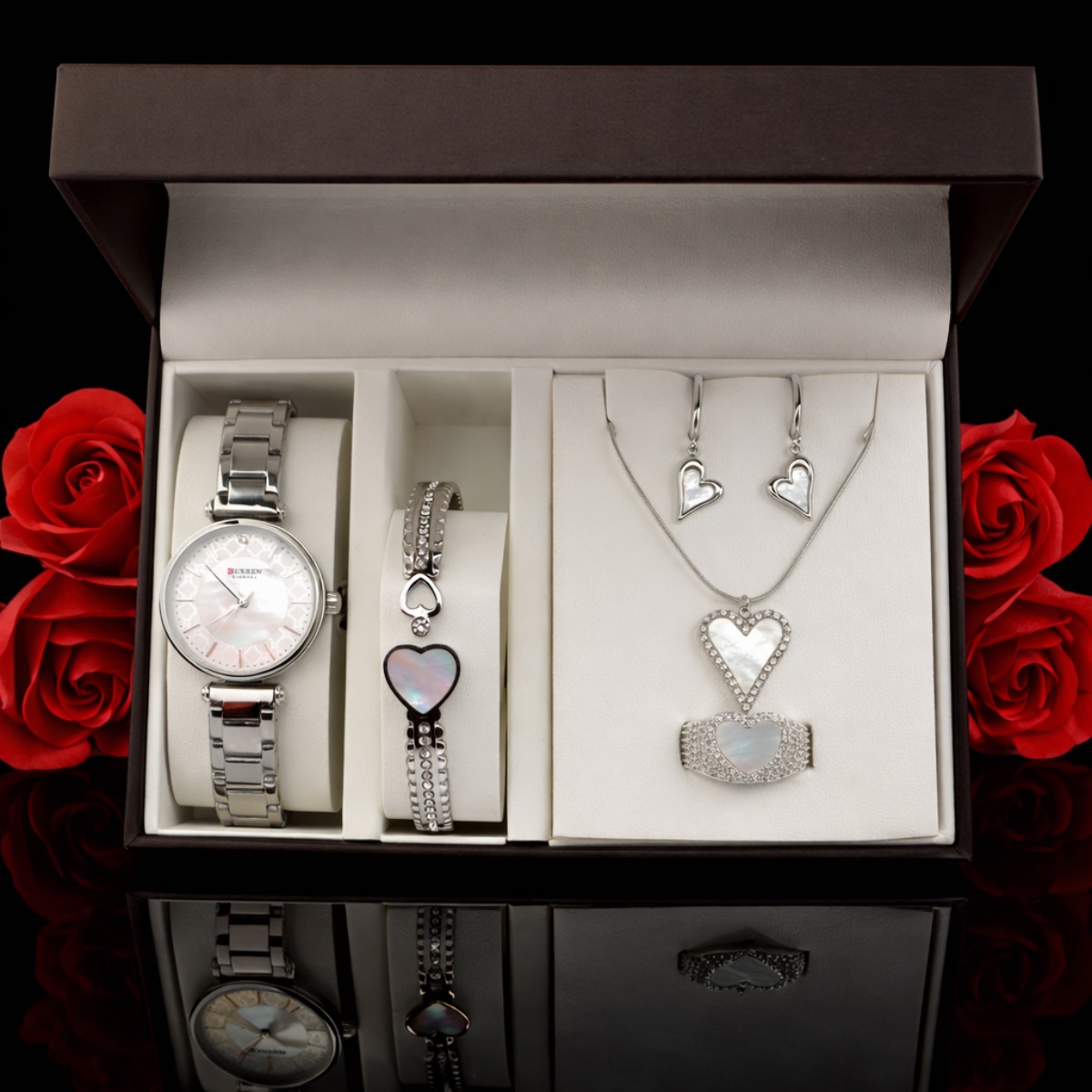 Σετ γυναικείο ( ρολόι - βραχιόλι-κολιέ-δαχτυλίδι ( one size ) -σκουλαρίκια )