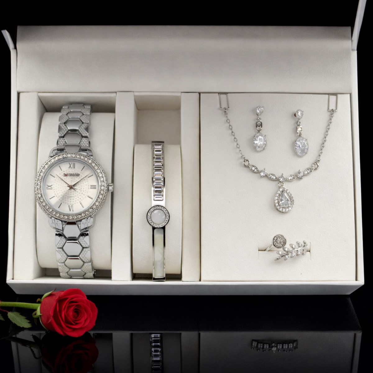 Σετ γυναικείο ( ρολόι - βραχιόλι-κολιέ-δαχτυλίδι ( one size ) -σκουλαρίκια )