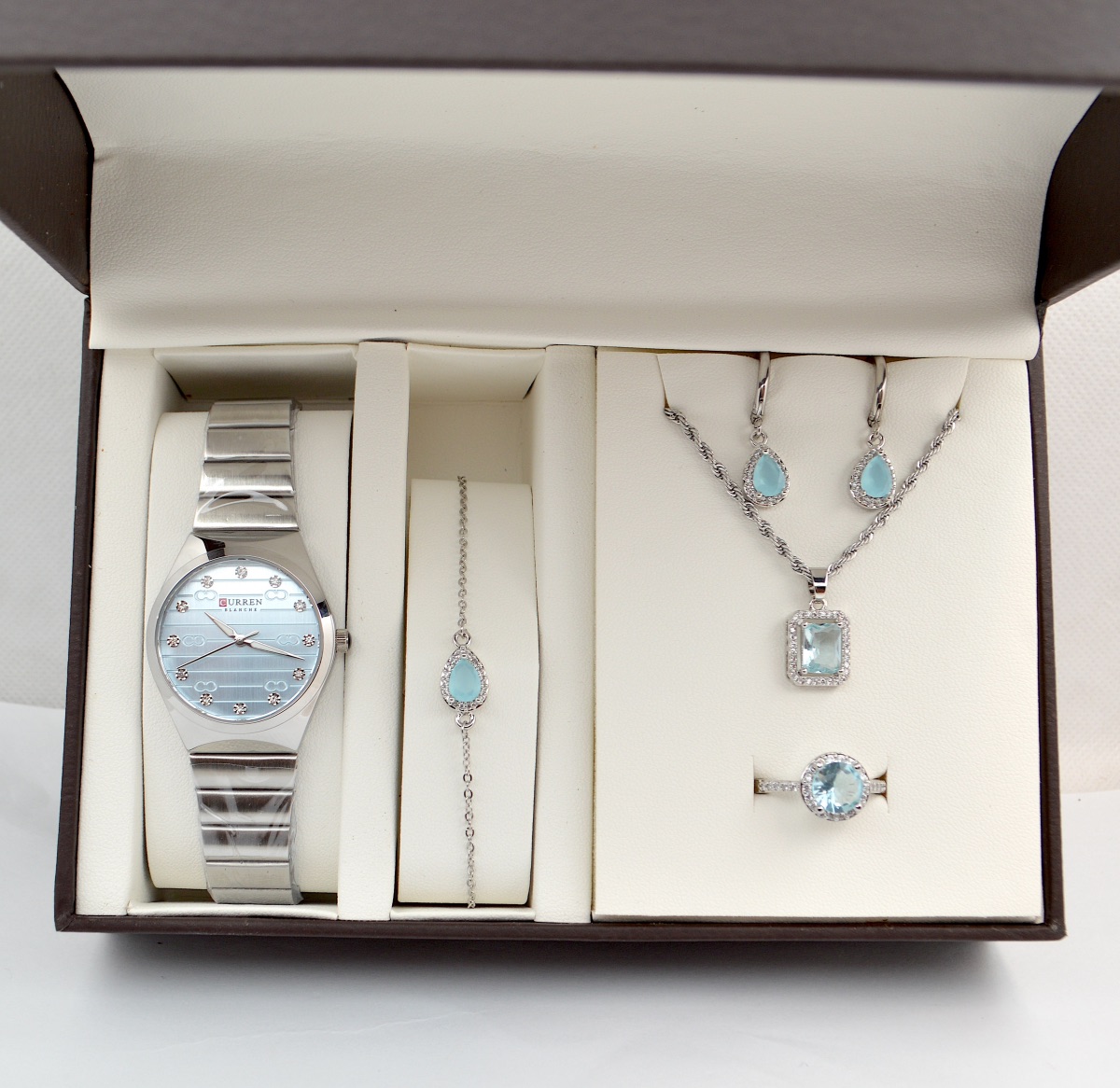 Σετ γυναικείο  Aquamarine ( ρολόι - βραχιόλι-κολιέ-δαχτυλίδι ( one size ) -σκουλαρίκια )