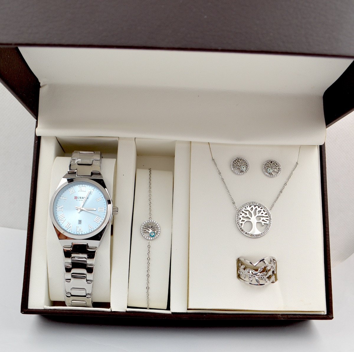 Σετ γυναικείο ( ρολόι - βραχιόλι-κολιέ-δαχτυλίδι ( one size ) -σκουλαρίκια )