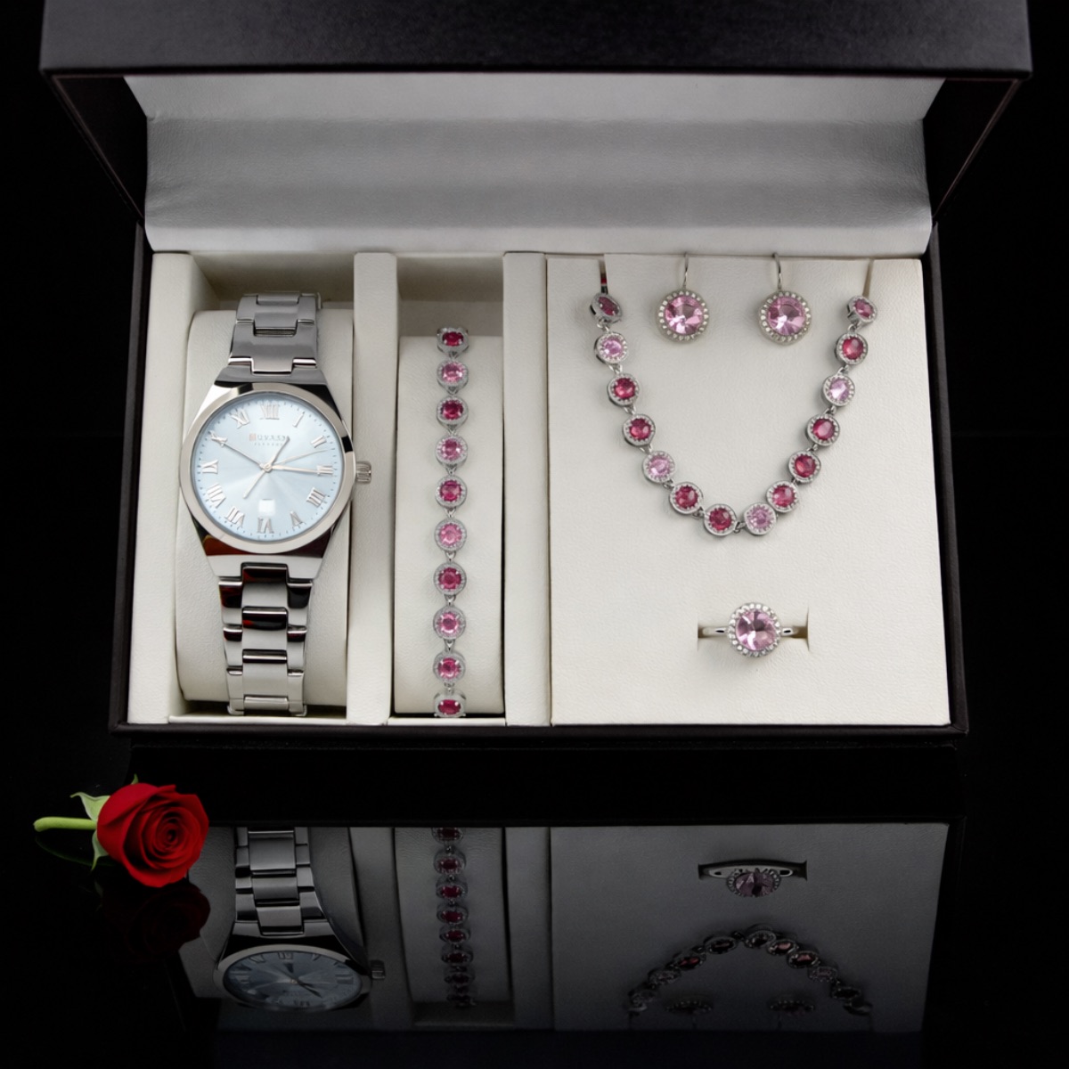Σετ γυναικείο ( ρολόι -  ριβιέρα βραχιόλι - ριβιέρα κολιέ-δαχτυλίδι ( one size ) -σκουλαρίκια )