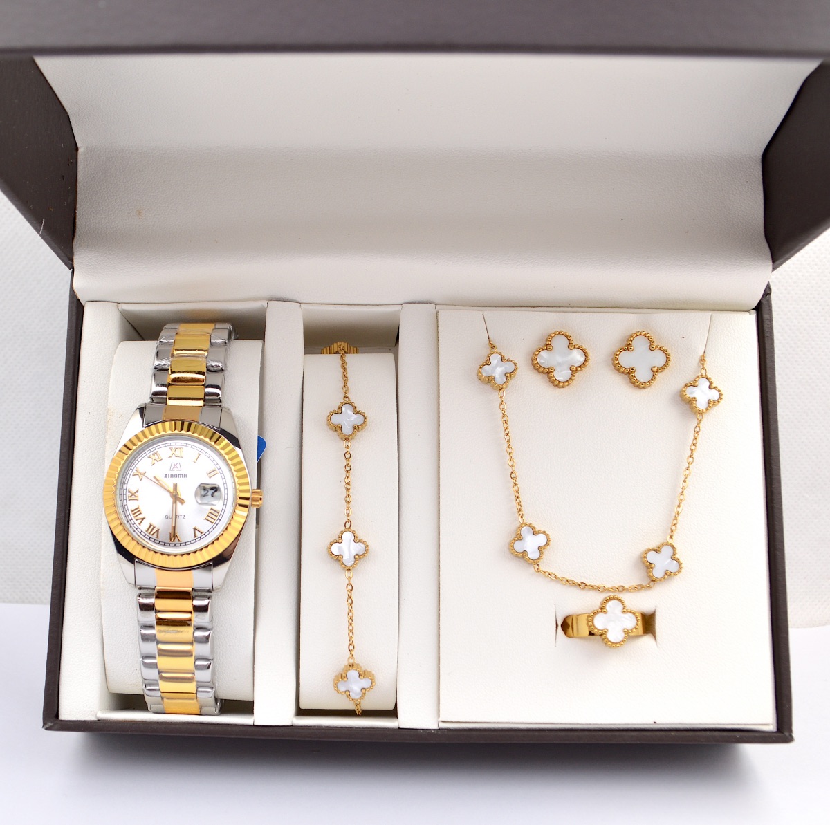 Σετ γυναικείο  ( ρολόι(Αδιάβροχο) - βραχιόλι-κολιέ-δαχτυλίδι ( one size ) -σκουλαρίκια )