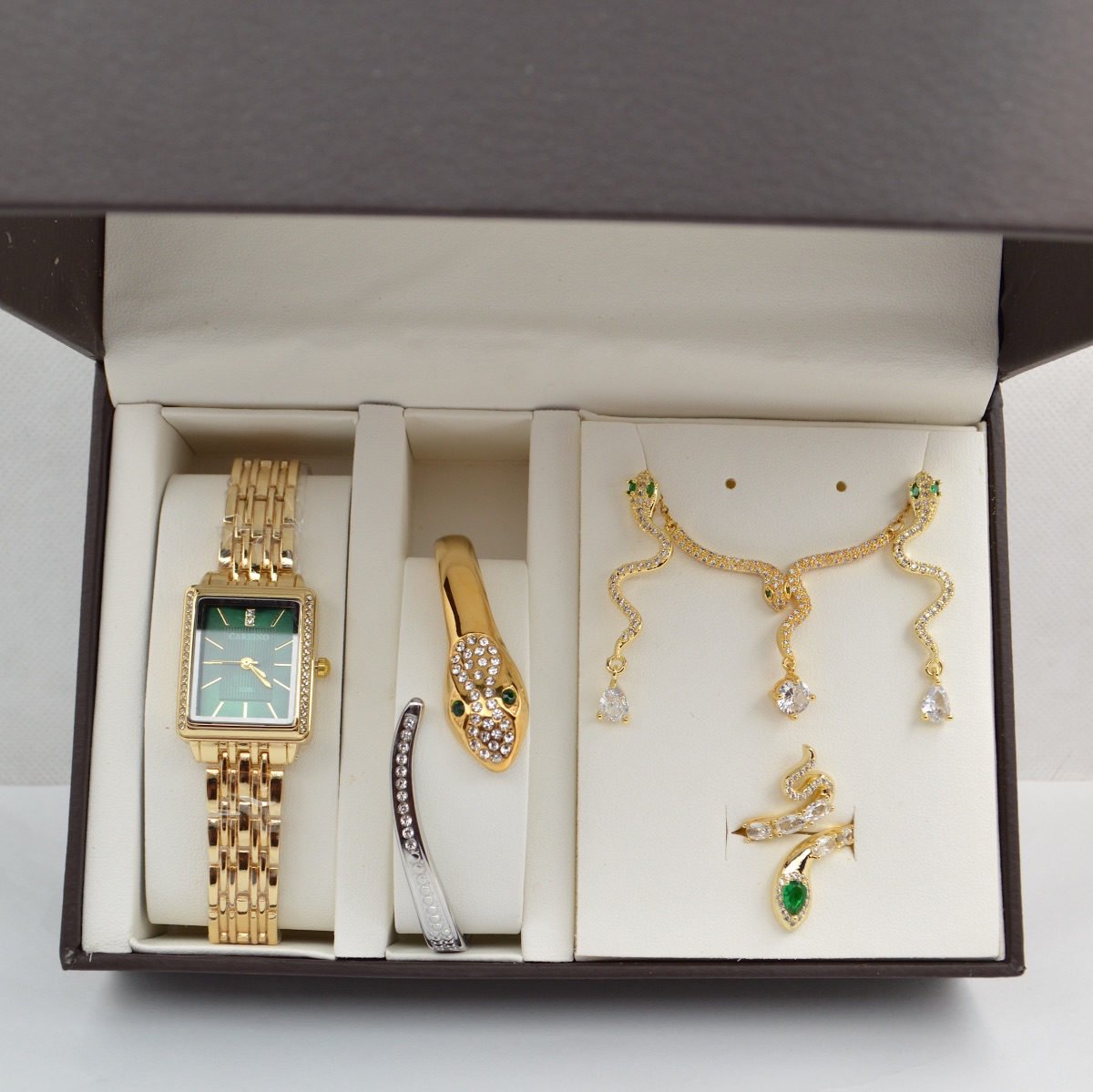 Σετ γυναικείο φίδι ( ρολόι - βραχιόλι-κολιέ-δαχτυλίδι ( one size ) -σκουλαρίκια )