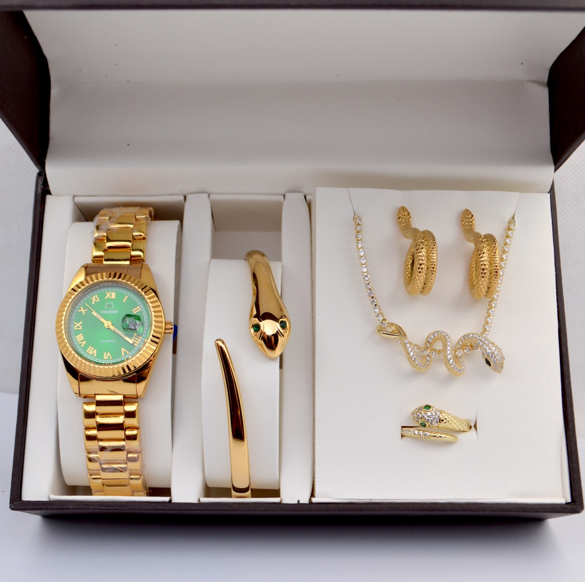 Σετ γυναικείο φίδι ( ρολόι(Αδιάβροχο)- βραχιόλι-κολιέ-δαχτυλίδι ( one size ) -σκουλαρίκια )