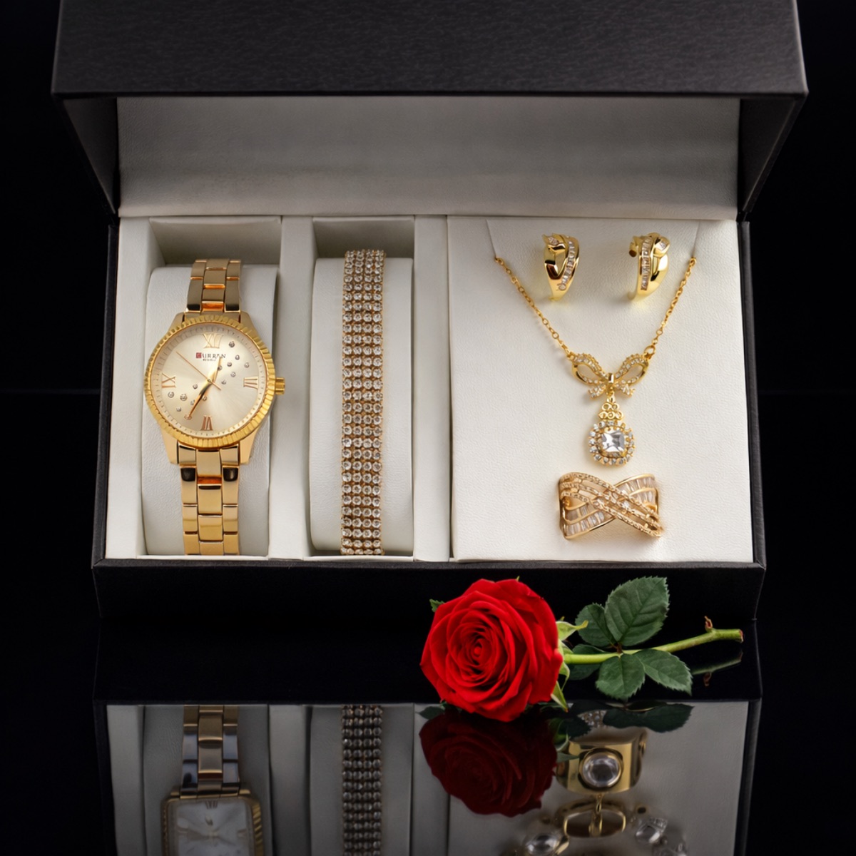 Σετ γυναικείο  ( ρολόι - βραχιόλι-κολιέ-δαχτυλίδι ( one size ) -σκουλαρίκια )