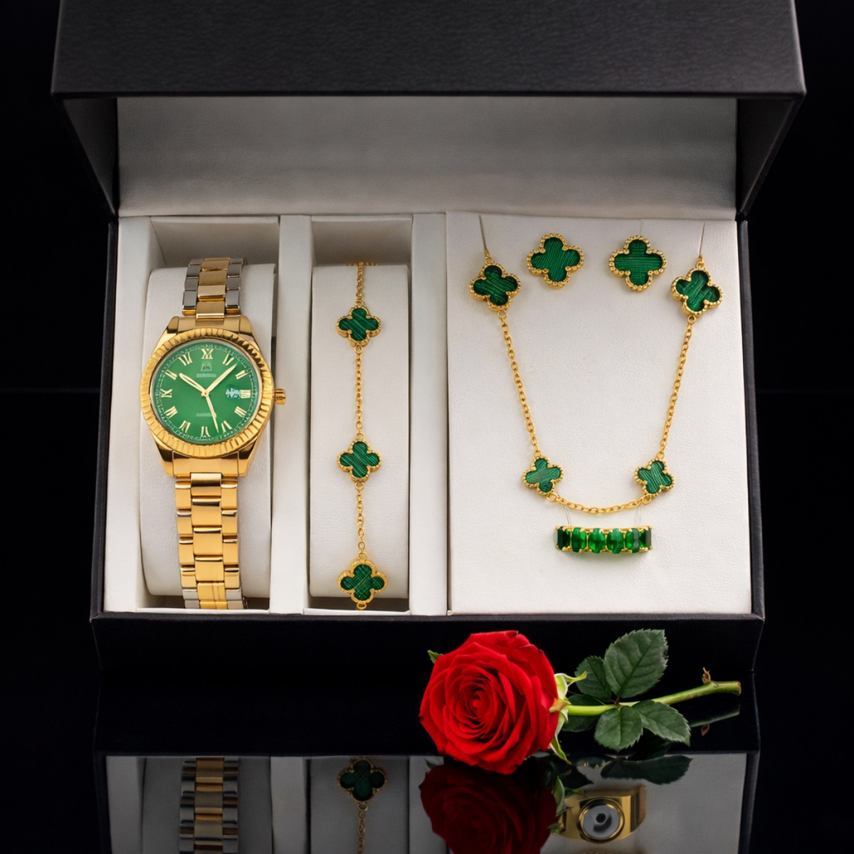 Σετ γυναικείο  ( ρολόι(Αδιάβροχο) - βραχιόλι-κολιέ-δαχτυλίδι ( one size ) -σκουλαρίκια )