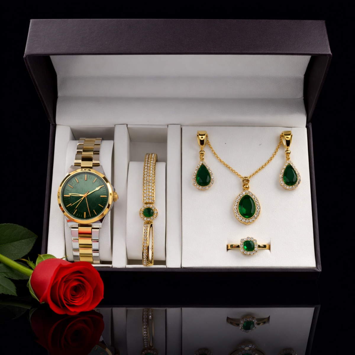 Σετ γυναικείο ( ρολόι -χειροπέδα - κολιέ-δαχτυλίδι ( one size ) -σκουλαρίκια )