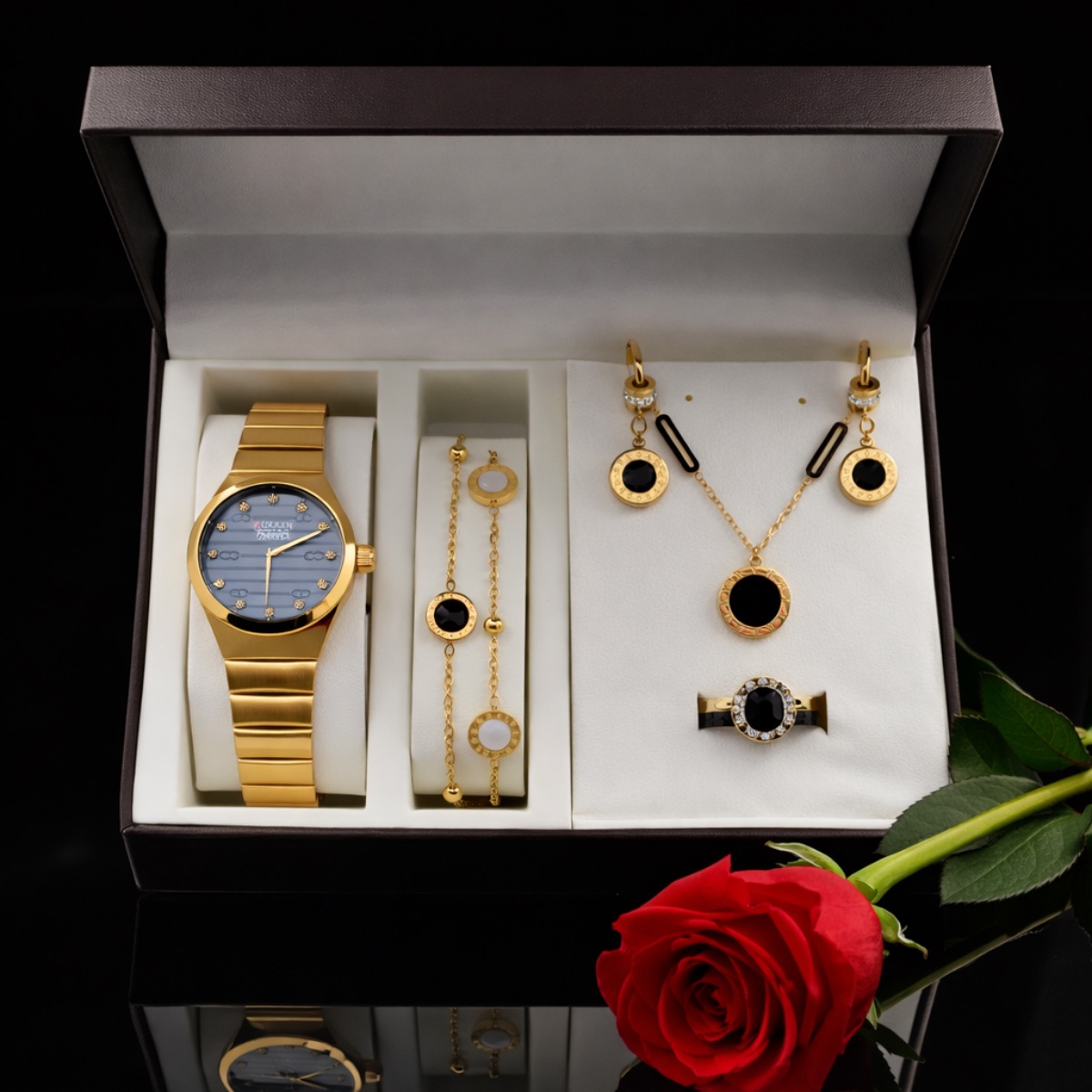 Σετ γυναικείο  ( ρολόι -βραχιόλι -κολιέ ( διπλής όψης -δαχτυλίδι -σκουλαρίκια )