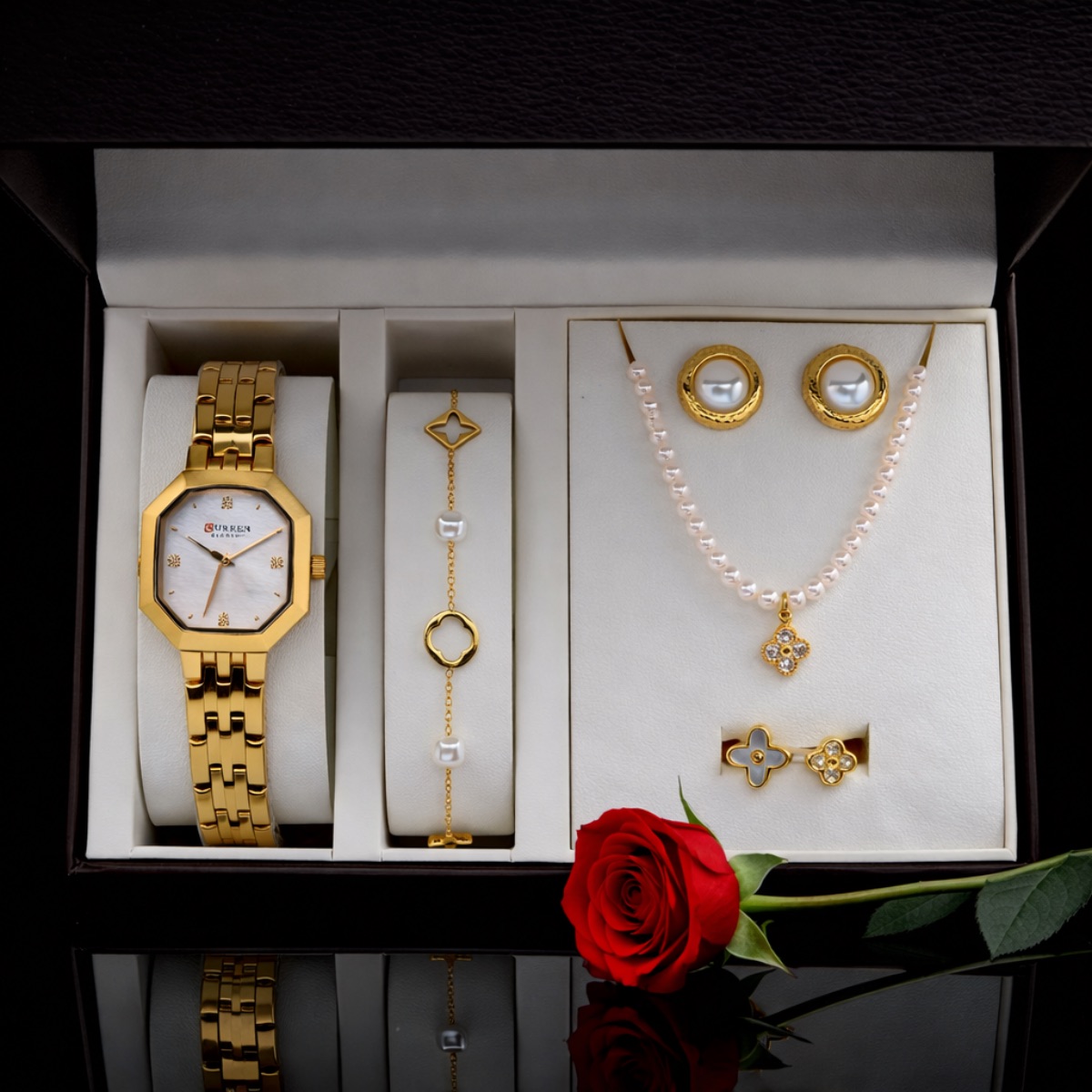 Σετ γυναικείο  ( ρολόι -βραχιόλι - κολιέ-δαχτυλίδι ( one size ) -σκουλαρίκια )