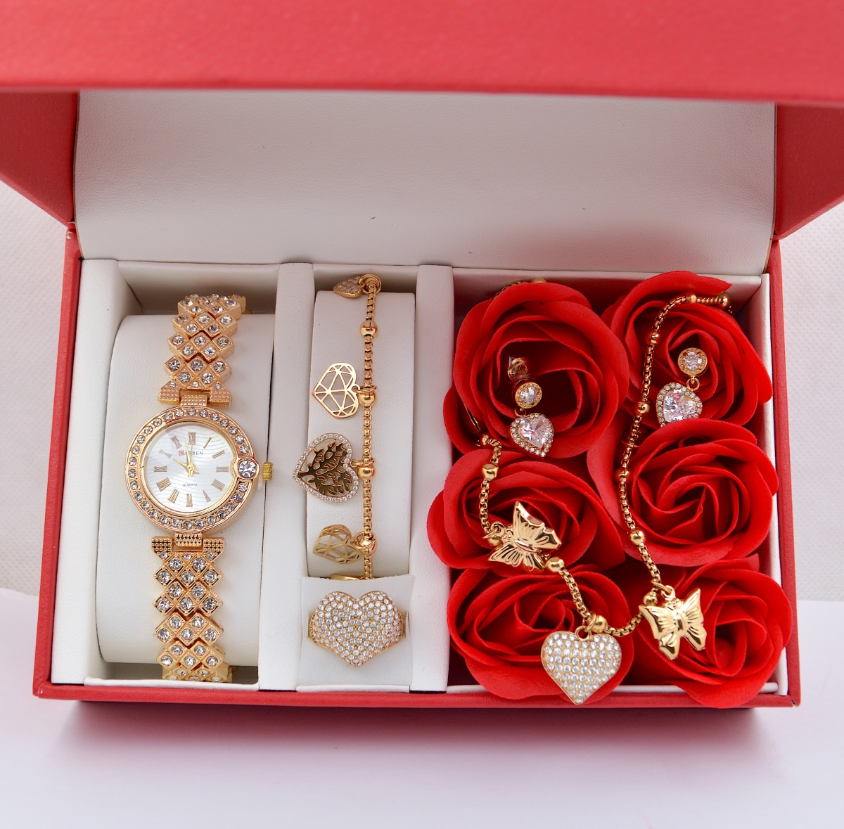 Σετ γυναικείο ρολόι -βραχιόλι-κολιέ-δαχτυλίδι-σκουλαρίκια σε κουτί με τριαντάφυλλα