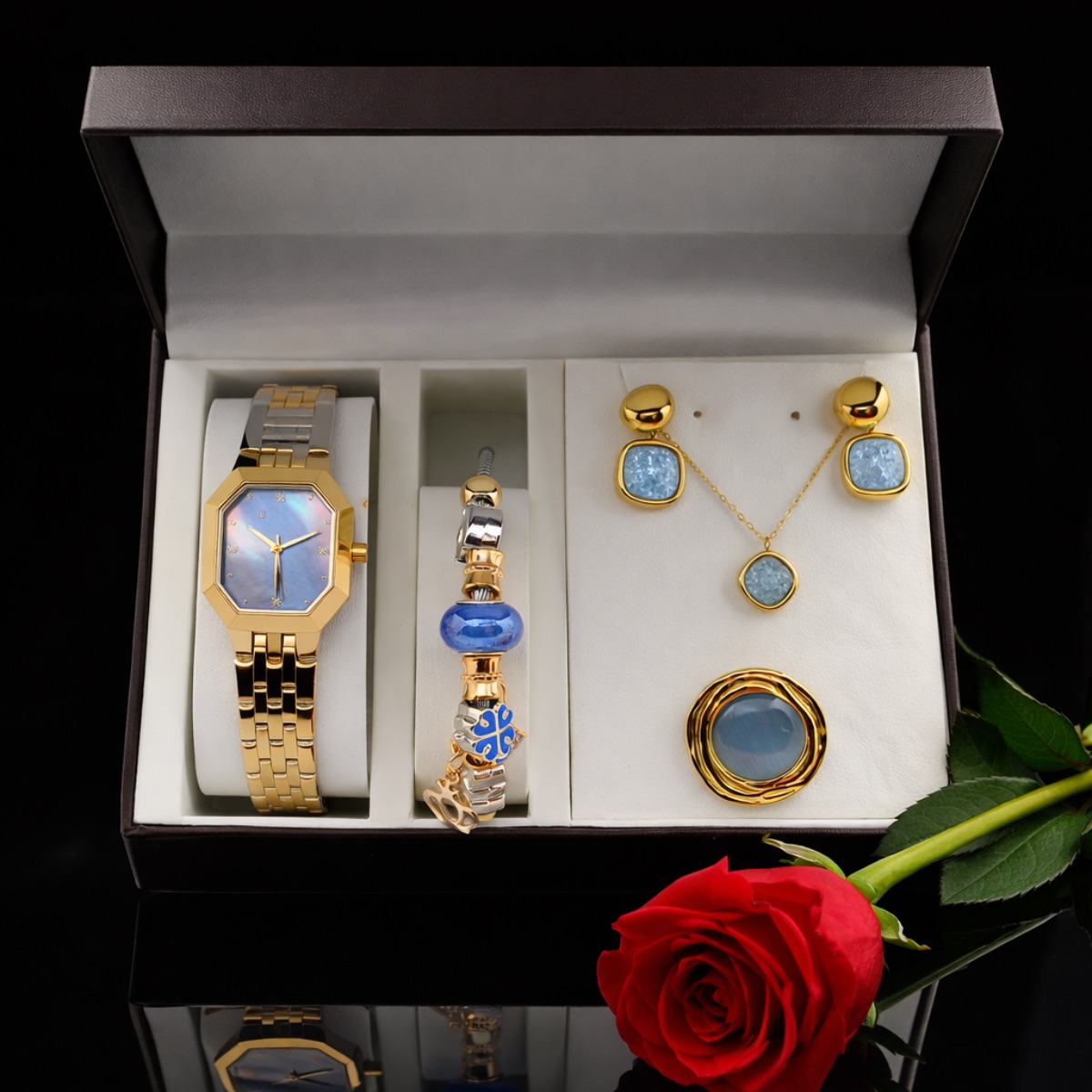 Σετ γυναικείο  ( ρολόι -βραχιόλι - κολιέ-δαχτυλίδι ( one size ) -σκουλαρίκια )