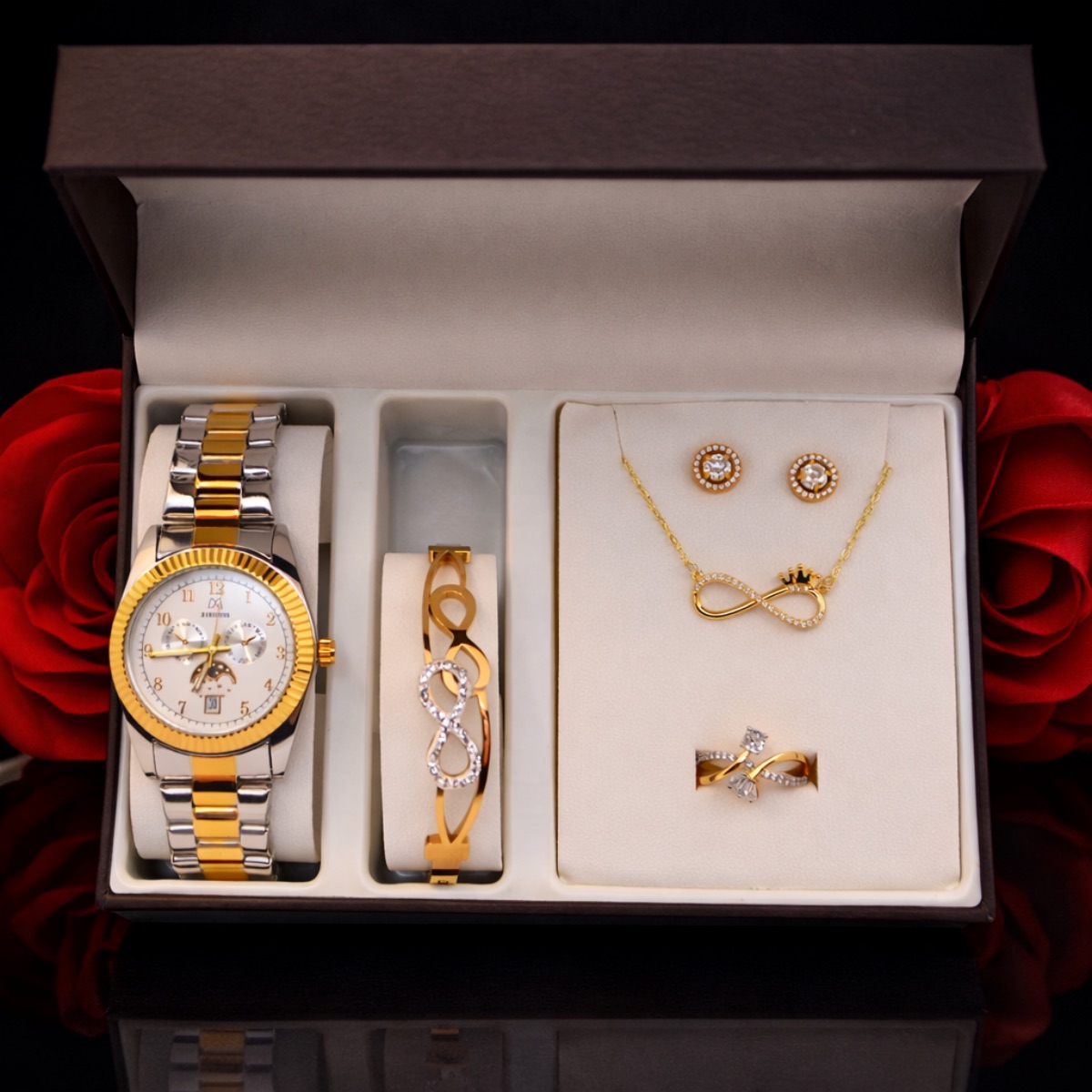Σετ γυναικείο  ( ρολόι (αδιάβροχο) -βραχιόλι - κολιέ-δαχτυλίδι ( one size ) -σκουλαρίκια )