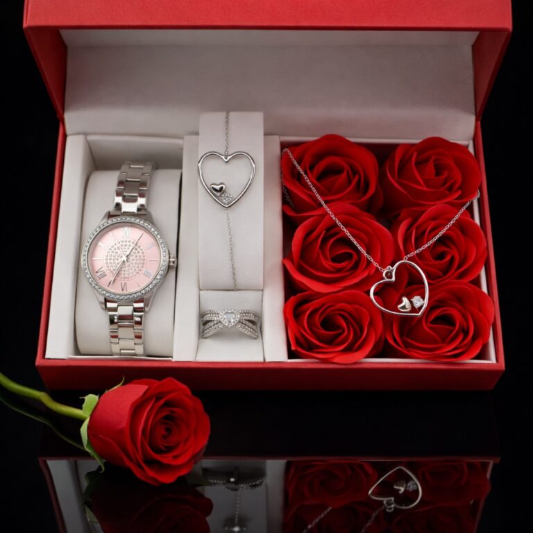 Σετ γυναικείο ρολόι -βραχιόλι-κολιέ-δαχτυλίδι- σε κουτί με τριαντάφυλλα