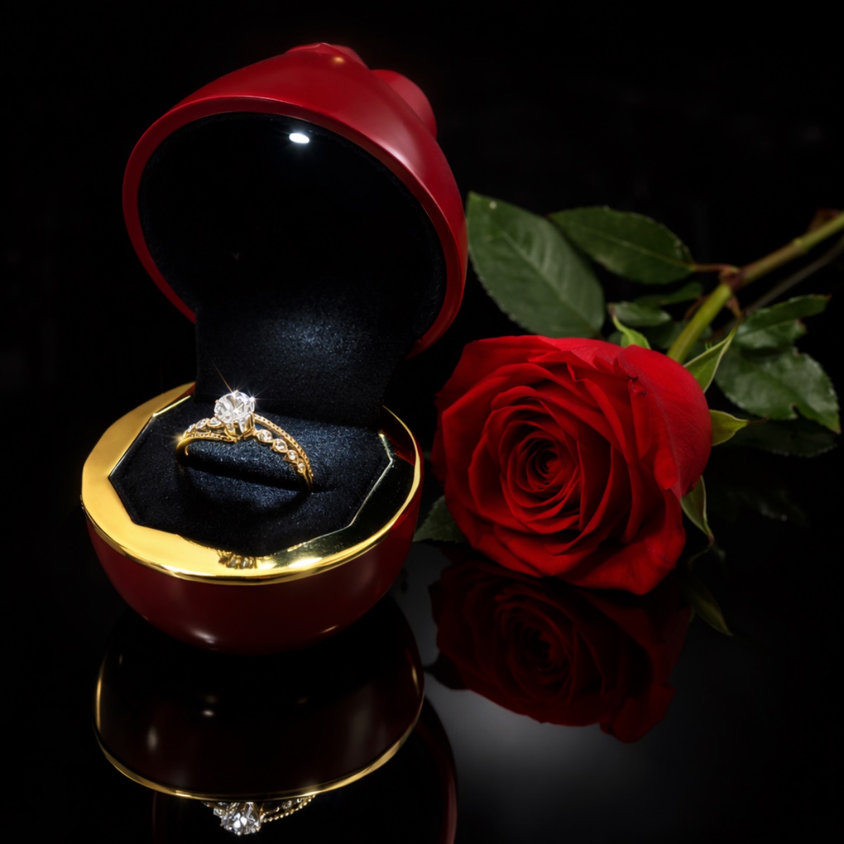 Δαχτυλίδι μονόπετρο  απο ατσάλι one size  με  πέτρες ζιργκόν σε κουτάκι τριαντάφυλλο με φώς LED