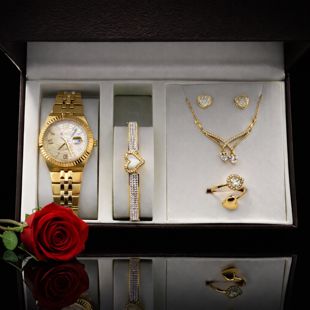 Σετ γυναικείο  ( ρολόι  -βραχιόλι - κολιέ-δαχτυλίδι ( one size ) -σκουλαρίκια )