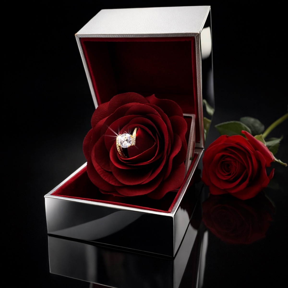 Δαχτυλίδι μονόπετρο από ασήμι 925 και πέτρες ζιργκόν σε κουτάκι με τριαντάφυλλο