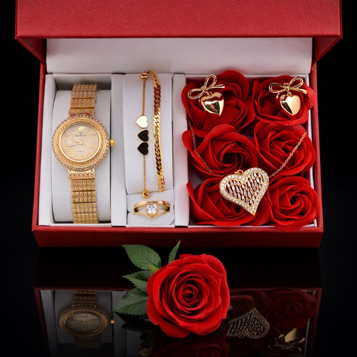 Σετ γυναικείο ρολόι -βραχιόλι-κολιέ-δαχτυλίδι-σκουλαρίκια σε κουτί με τριαντάφυλλα
