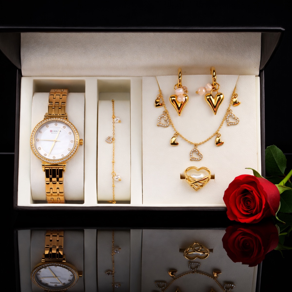 Σετ γυναικείο  ( ρολόι -βραχιόλι - κολιέ-δαχτυλίδι ( one size ) -σκουλαρίκια )