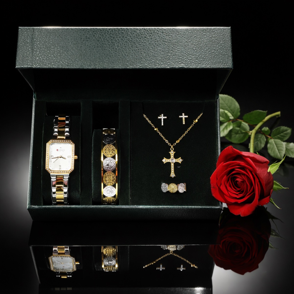 Σετ γυναικείο ( ρολόι - βραχιόλι-κολιέ-δαχτυλίδι ( one size ) -σκουλαρίκια )