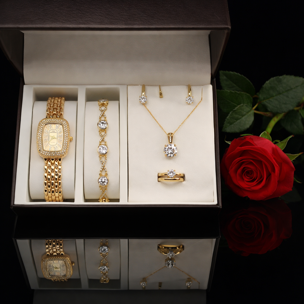 Σετ γυναικείο  ( ρολόι -βραχιόλι - κολιέ-δαχτυλίδι ( one size ) -σκουλαρίκια )