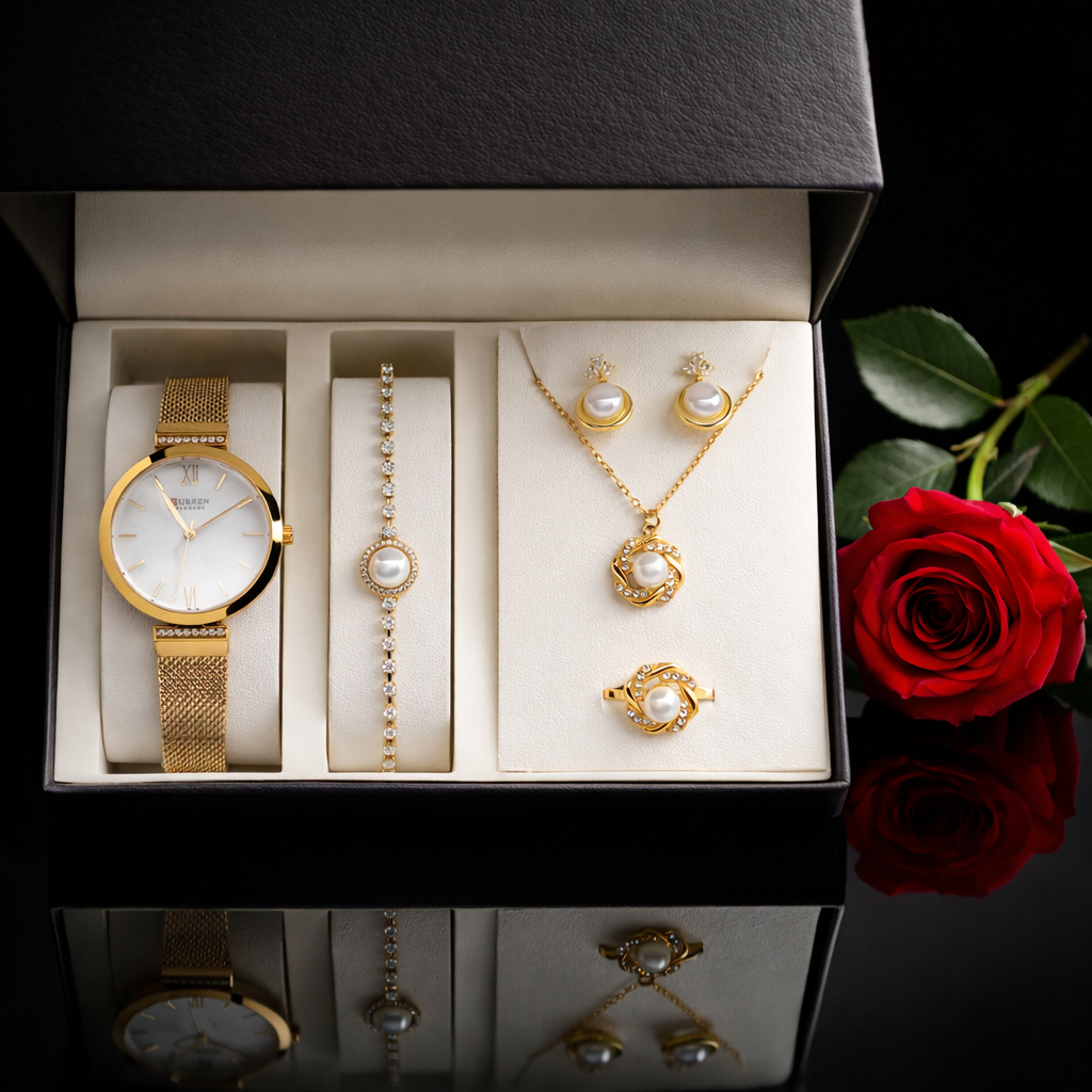 Σετ γυναικείο  ( ρολόι -βραχιόλι - κολιέ-δαχτυλίδι ( one size ) -σκουλαρίκια )