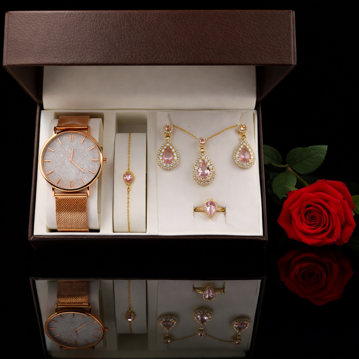 Σετ γυναικείο  ( ρολόι -βραχιόλι - κολιέ-δαχτυλίδι ( one size ) -σκουλαρίκια )