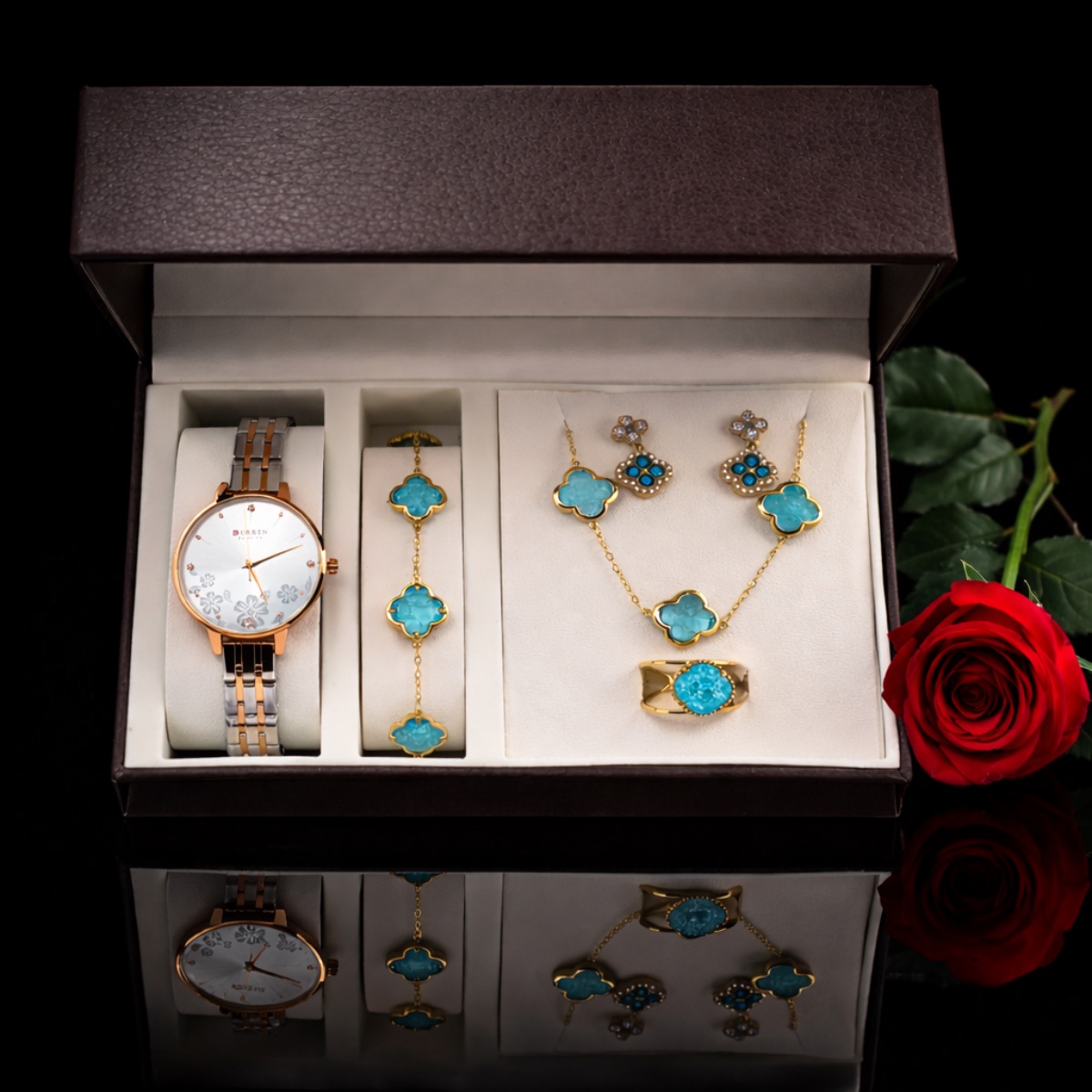 Σετ γυναικείο ( ρολόι - βραχιόλι-κολιέ-δαχτυλίδι ( one size ) -σκουλαρίκια )
