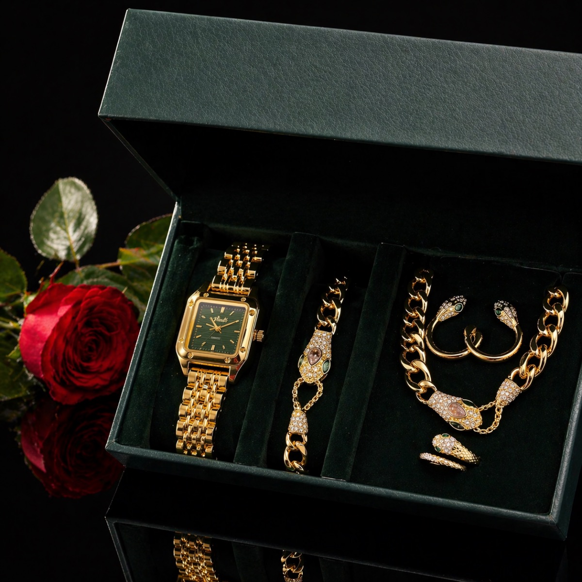 Σετ γυναικείο ( ρολόι ( Αδιάβροχο ) - βραχιόλι-κολιέ-δαχτυλίδι ( one size ) -σκουλαρίκια )