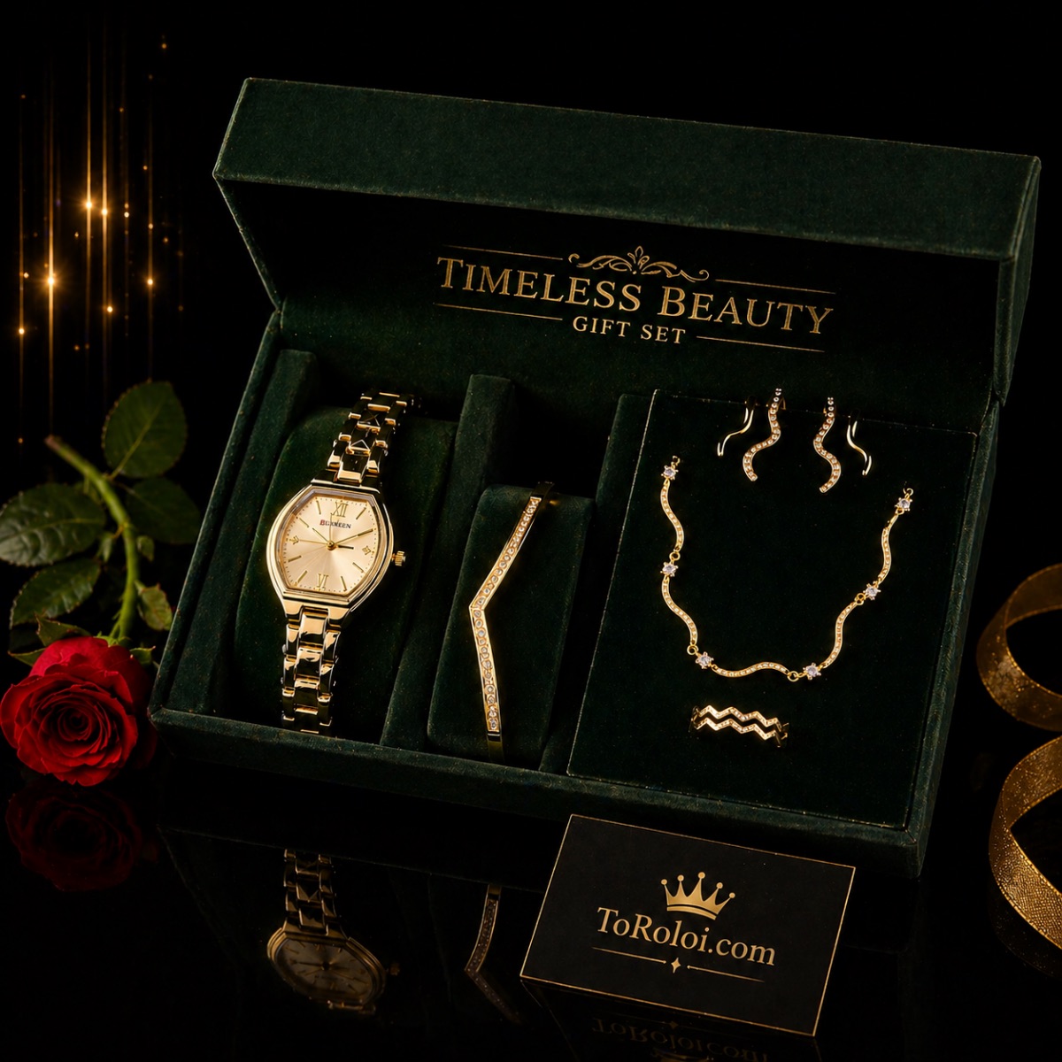 Σετ γυναικείο ( ρολόι  - βραχιόλι-κολιέ-δαχτυλίδι ( one size ) -σκουλαρίκια )