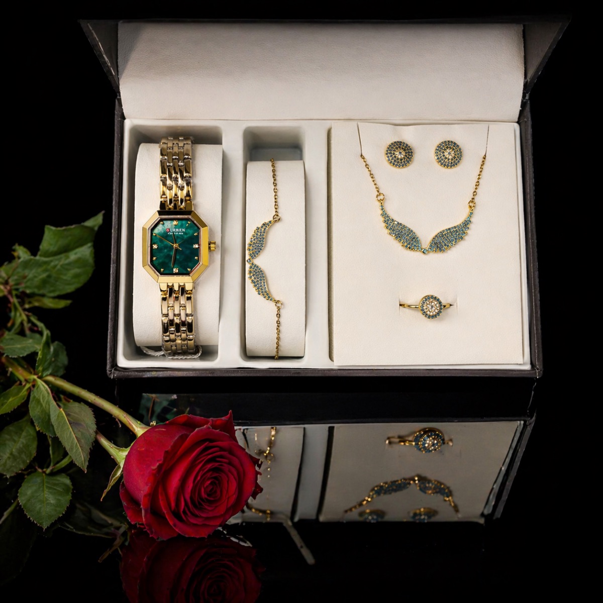 Σετ γυναικείο ( ρολόι  - βραχιόλι-κολιέ-δαχτυλίδι ( one size ) -σκουλαρίκια )